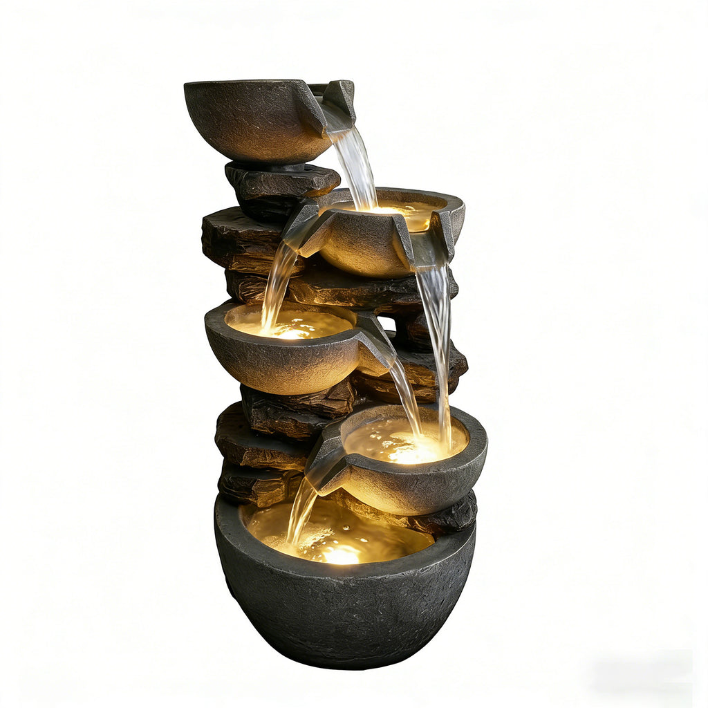 5-Tier Cascading Rock Bowl & Stacked Slate Water Fountain, Resin Outdoor Water Feature with LED Lights & Quiet Pump, Garden Patio Backyard Decor