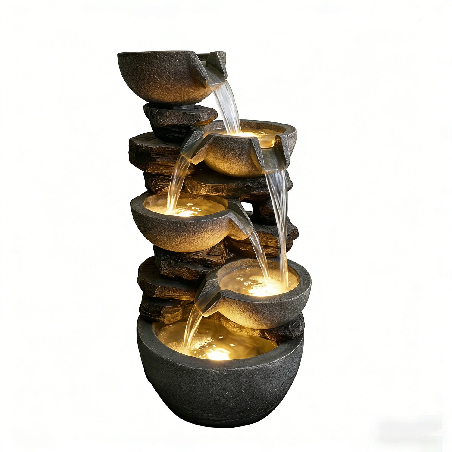 5-Tier Cascading Rock Bowl & Stacked Slate Water Fountain, Resin Outdoor Water Feature with LED Lights & Quiet Pump, Garden Patio Backyard Decor