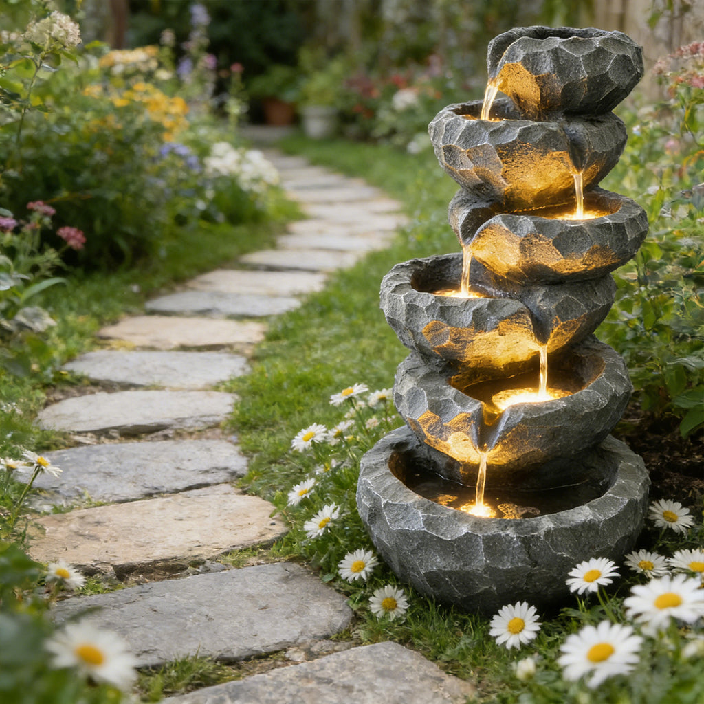 6-Tier Cascading Water Fountain with LED Lights, Outdoor Resin Rockery Fountain with Quiet Pump, Freestanding Water Feature for Garden, Patio, Balcony Decor