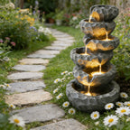 6-Tier Cascading Water Fountain with LED Lights, Outdoor Resin Rockery Fountain with Quiet Pump, Freestanding Water Feature for Garden, Patio, Balcony Decor