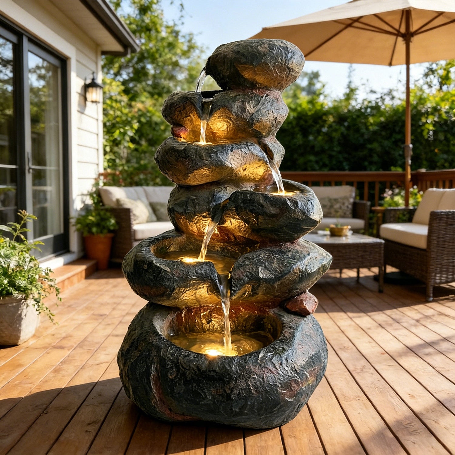 6-Tier Rounded Stacked Boulder Cascading Water Fountain, Resin Outdoor Rock Water Feature with LED Lights & Quiet Pump, Garden Patio Backyard Decor