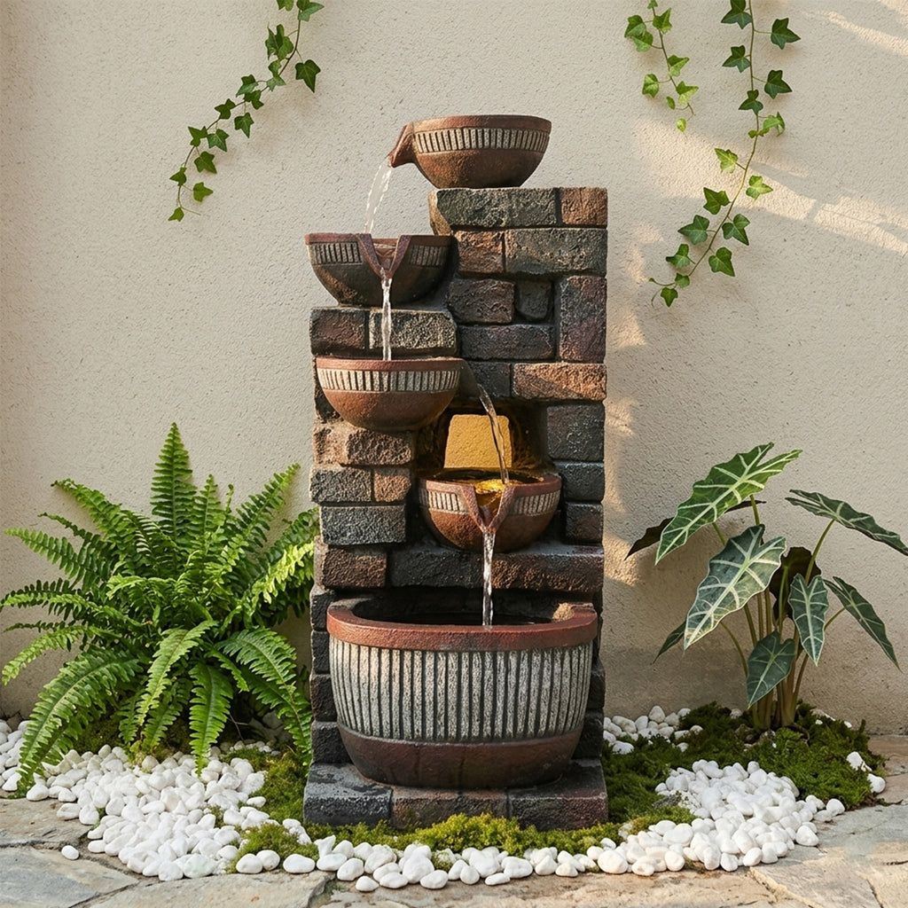 5-Tier Cascading Water Fountain, Resin Stacked Stone Column & Textured Pot Outdoor Water Feature with LED Lights & Quiet Pump, Garden Patio Decor