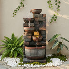 5-Tier Cascading Water Fountain, Resin Stacked Stone Column & Textured Pot Outdoor Water Feature with LED Lights & Quiet Pump, Garden Patio Decor