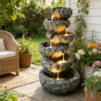 6-Tier Cascading Water Fountain with LED Lights, Outdoor Resin Rockery Fountain with Quiet Pump, Freestanding Water Feature for Garden, Patio, Balcony Decor