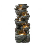 6-Tier Stacked Rock Cascading Water Fountain, Resin Natural Rockery Outdoor Fountain with LED Lights & Quiet Pump, Freestanding Water Feature for Garden Patio Backyard