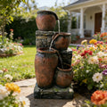 4-Tier Rustic & Stacked Stone Cascading Water Fountain, Resin Outdoor Water Feature with LED Lights & Quiet Pump, Garden Patio Backyard Decor