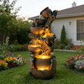 6-Tier Cascading Water Fountain, Resin Tree Root & Pot Outdoor Fountain with LED Lights & Quiet Pump, Freestanding Water Feature for Garden, Patio, Backyard Decor