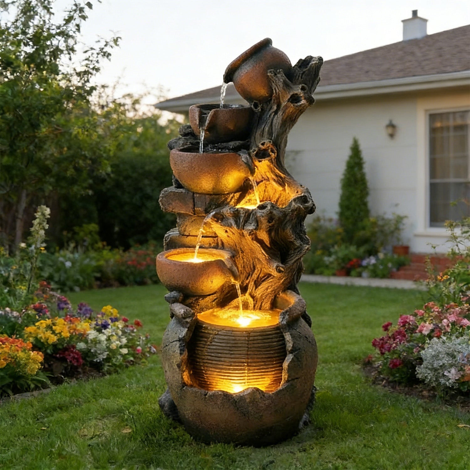 6-Tier Cascading Water Fountain, Resin Tree Root & Pot Outdoor Fountain with LED Lights & Quiet Pump, Freestanding Water Feature for Garden, Patio, Backyard Decor