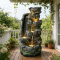 6-Tier Dual-Flow Cascading Rock Water Fountain, Resin Outdoor Waterfall Feature with LED Lights & Quiet Pump, Garden Patio Backyard Decor