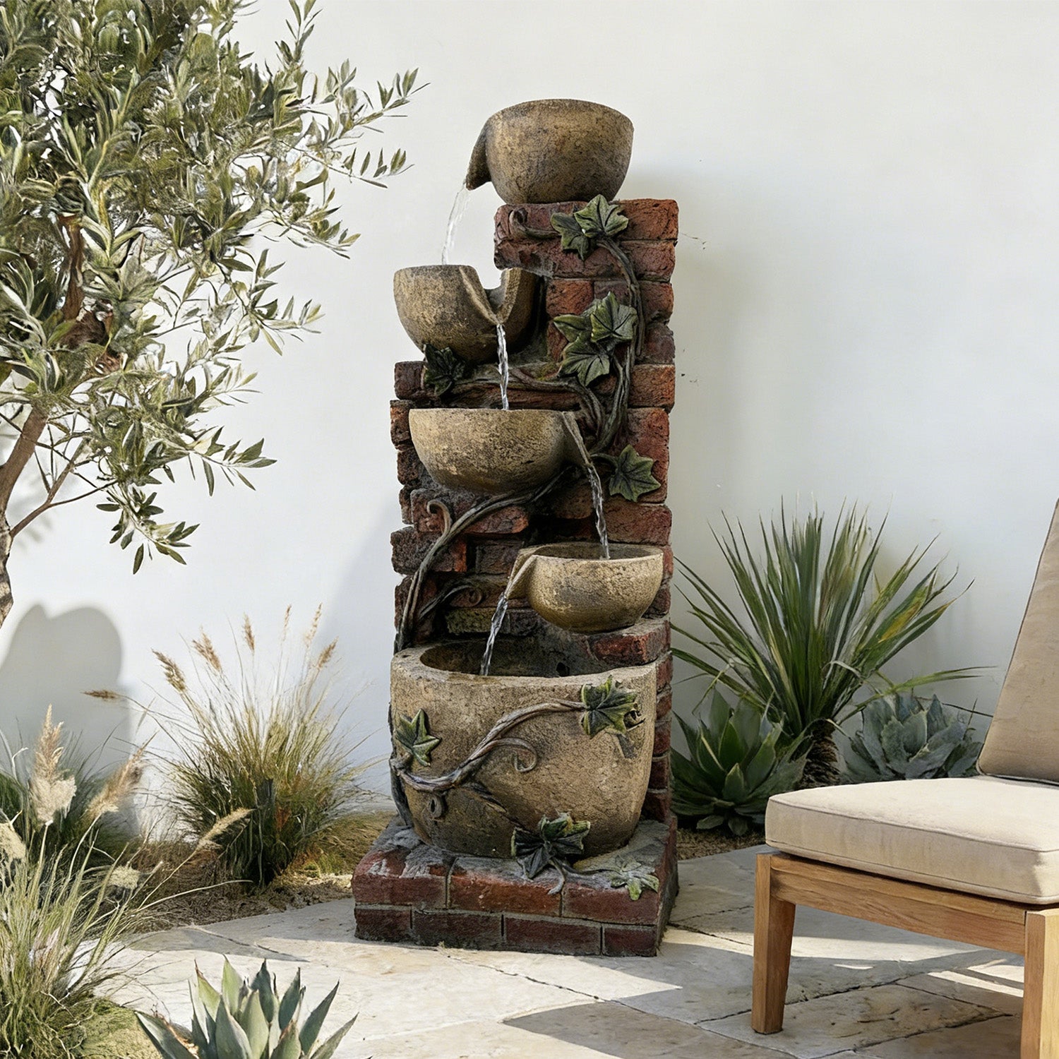 5-Tier Cascading Water Fountain, Resin Brick Wall & Ivy Pot Outdoor Water Feature with LED Lights & Quiet Pump, Garden Patio Backyard Decor, 39.37in H