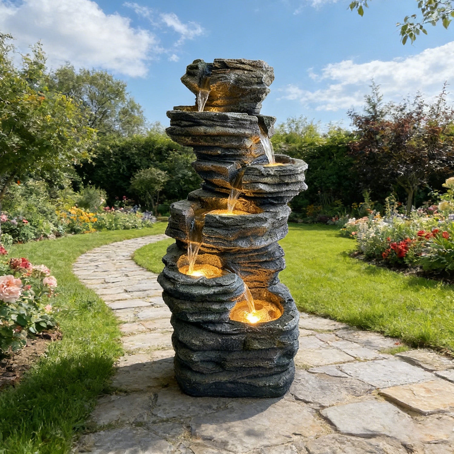 6-Tier Stratified Slate Rock Cascading Water Fountain, Resin Outdoor Water Feature with LED Lights & Quiet Pump, Garden Patio Backyard Decor
