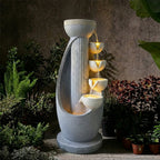 5-Tier Modern Curved Column Cascading Water Fountain, Resin Contemporary Outdoor Water Feature with LED Lights & Quiet Pump, Garden Patio Decor