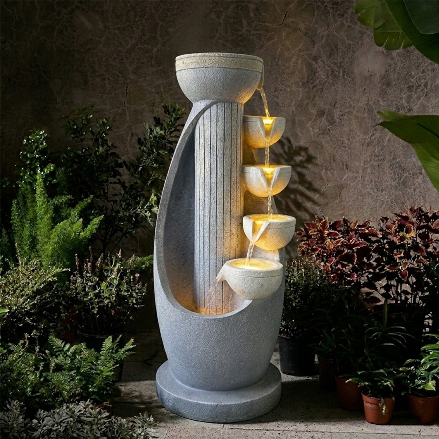5-Tier Modern Curved Column Cascading Water Fountain, Resin Contemporary Outdoor Water Feature with LED Lights & Quiet Pump, Garden Patio Decor