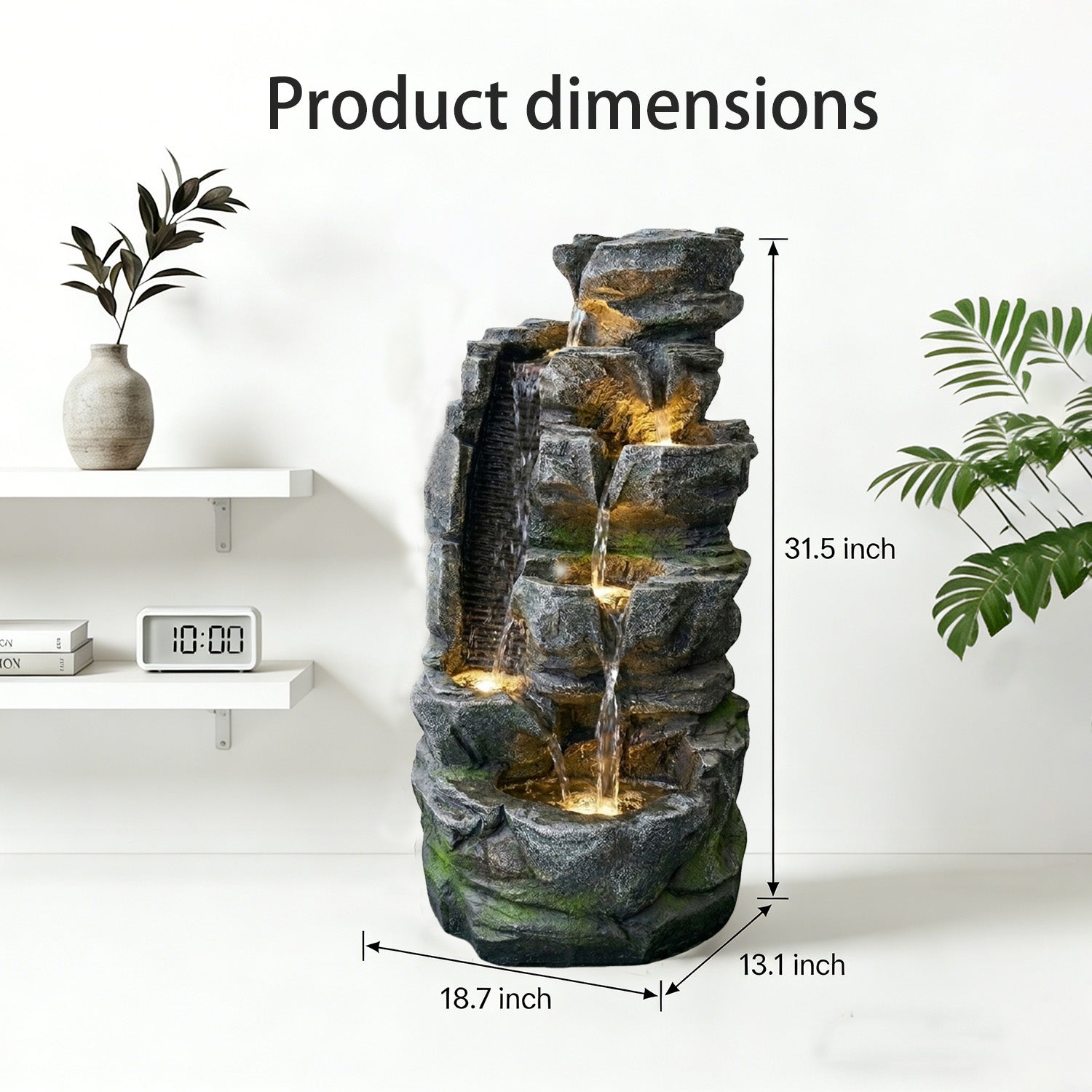 6-Tier Dual-Flow Cascading Rock Water Fountain, Resin Outdoor Waterfall Feature with LED Lights & Quiet Pump, Garden Patio Backyard Decor