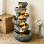 6-Tier Cascading Water Fountain with LED Lights, Outdoor Resin Rockery Fountain with Quiet Pump, Freestanding Water Feature for Garden, Patio, Balcony Decor