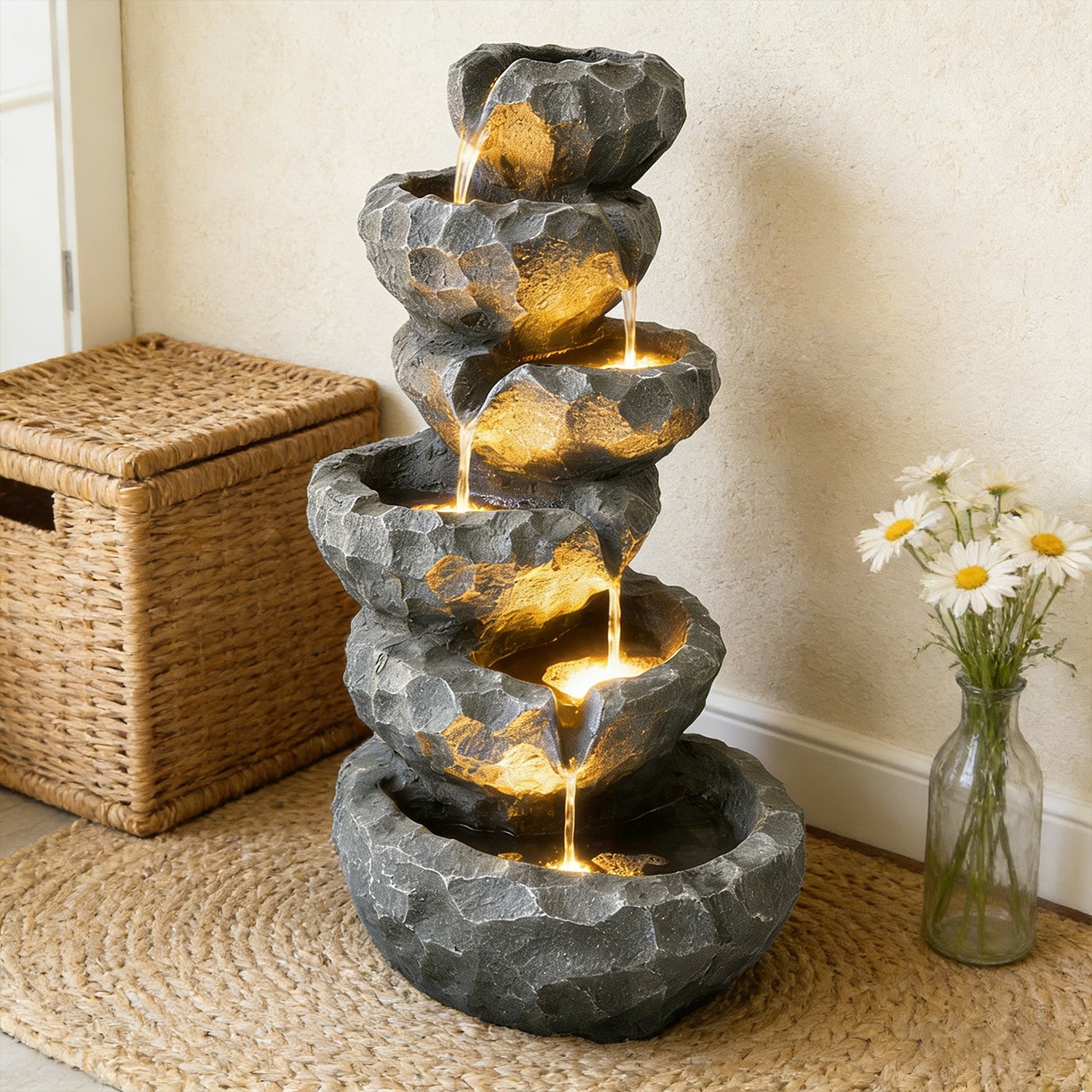 6-Tier Cascading Water Fountain with LED Lights, Outdoor Resin Rockery Fountain with Quiet Pump, Freestanding Water Feature for Garden, Patio, Balcony Decor