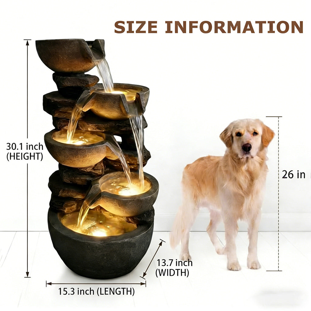 5-Tier Cascading Rock Bowl & Stacked Slate Water Fountain, Resin Outdoor Water Feature with LED Lights & Quiet Pump, Garden Patio Backyard Decor