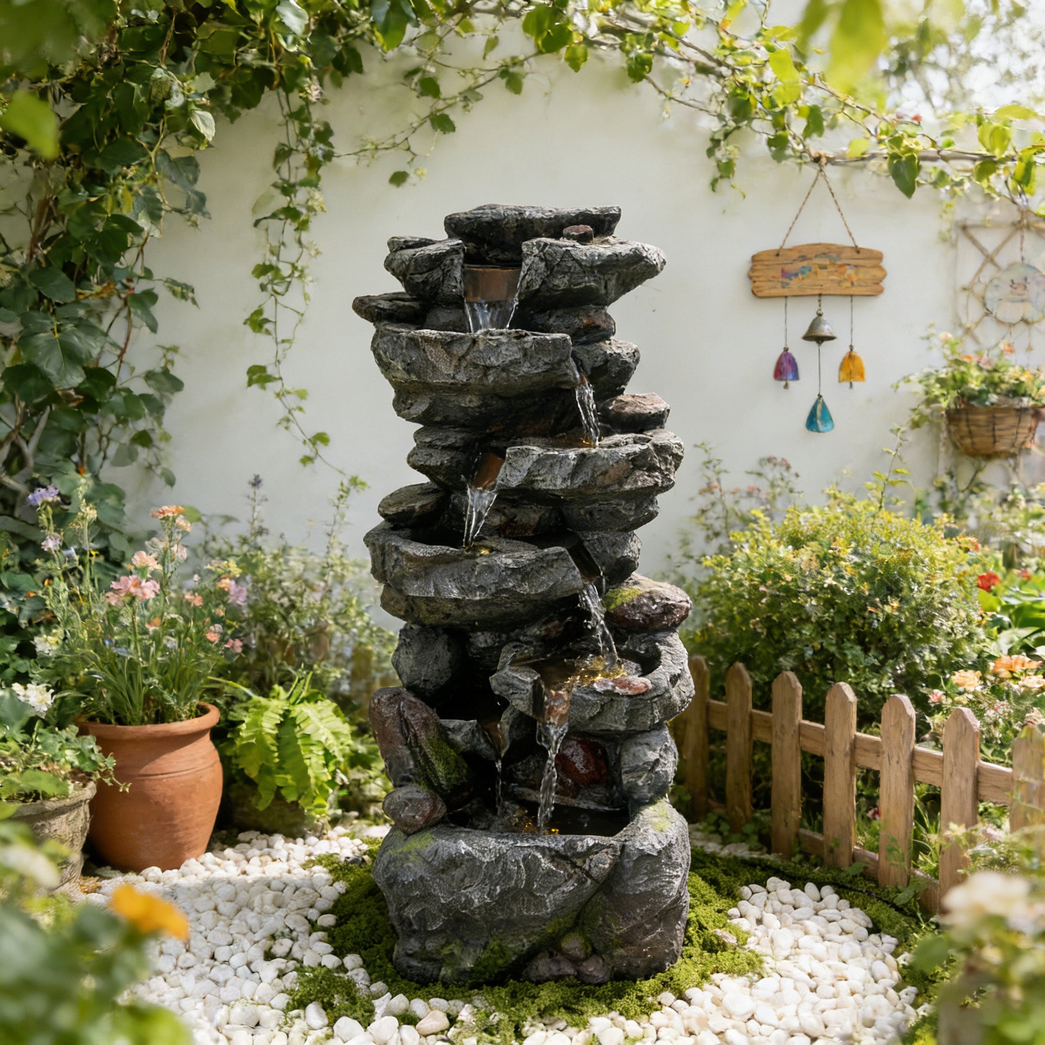 6-Tier Stacked Rock Cascading Water Fountain, Resin Natural Rockery Outdoor Fountain with LED Lights & Quiet Pump, Freestanding Water Feature for Garden Patio Backyard
