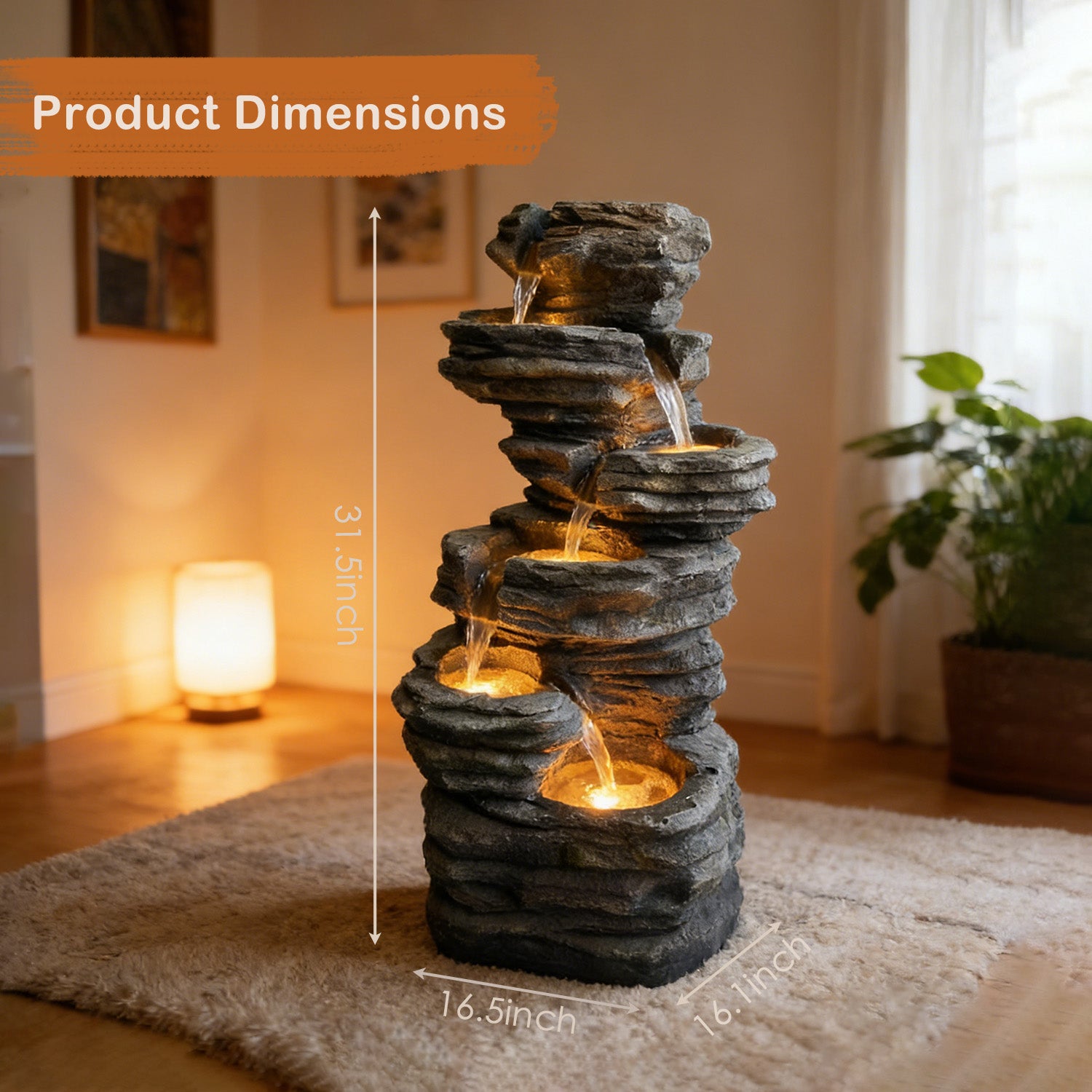 6-Tier Stratified Slate Rock Cascading Water Fountain, Resin Outdoor Water Feature with LED Lights & Quiet Pump, Garden Patio Backyard Decor