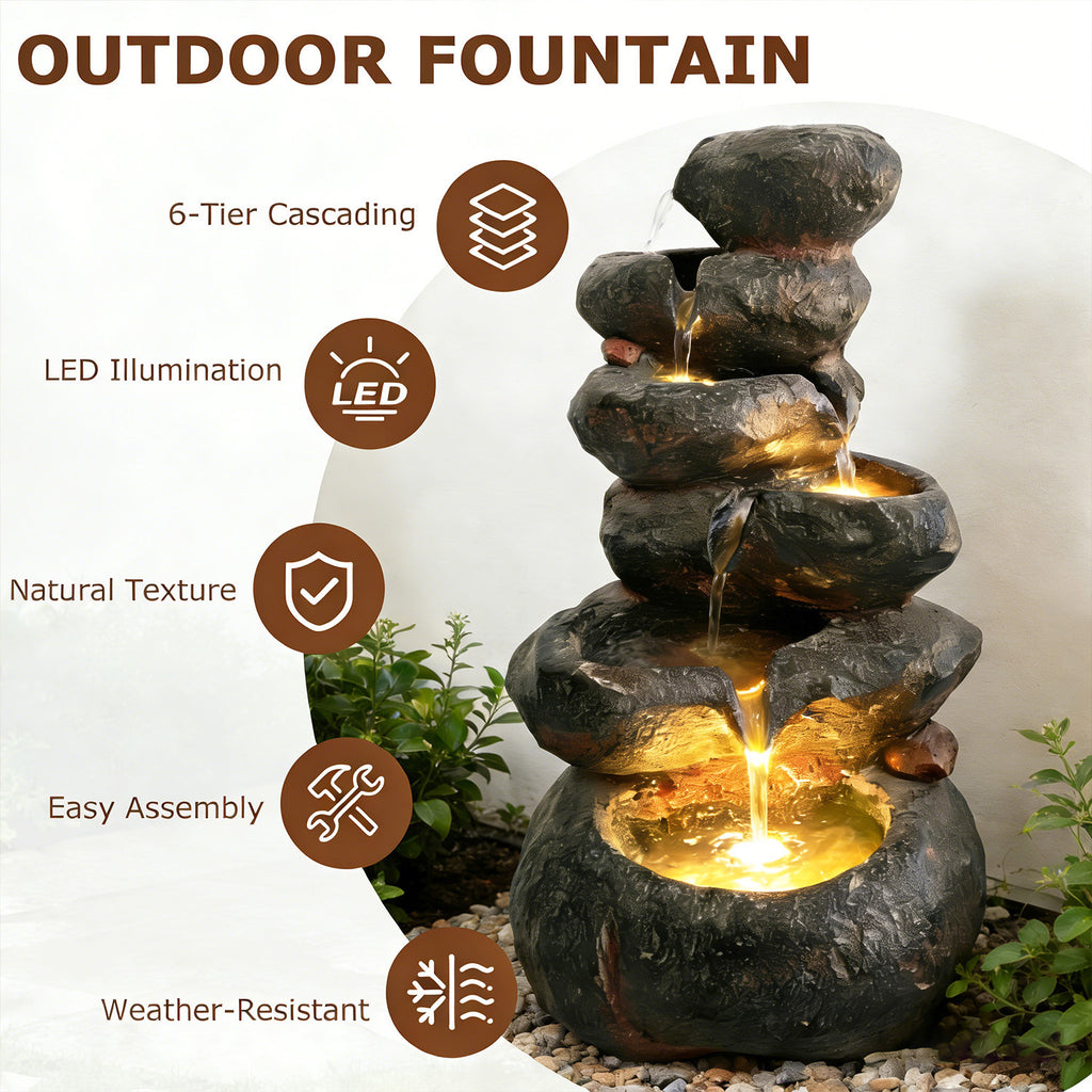 6-Tier Rounded Stacked Boulder Cascading Water Fountain, Resin Outdoor Rock Water Feature with LED Lights & Quiet Pump, Garden Patio Backyard Decor
