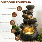 6-Tier Rounded Stacked Boulder Cascading Water Fountain, Resin Outdoor Rock Water Feature with LED Lights & Quiet Pump, Garden Patio Backyard Decor