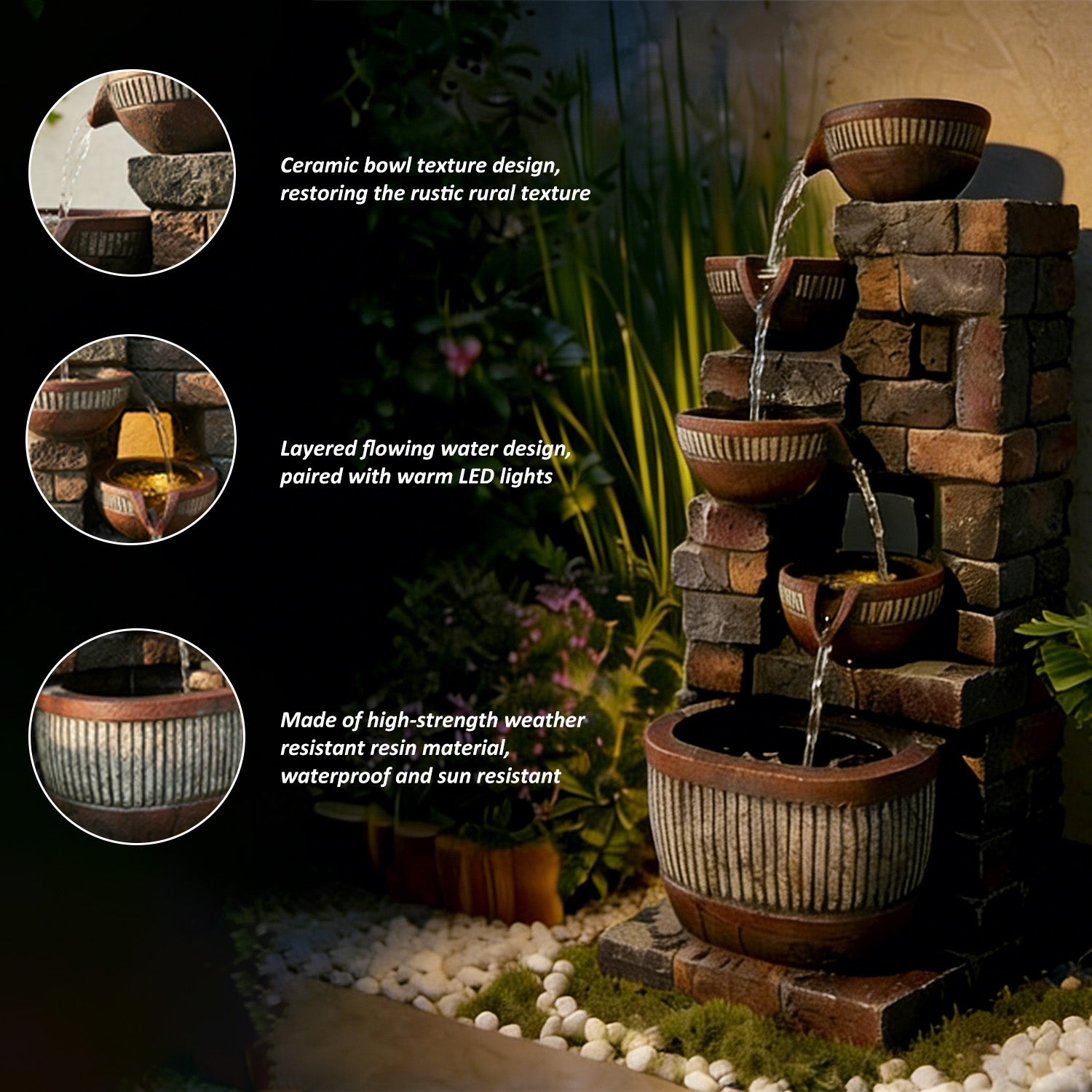 5-Tier Cascading Water Fountain, Resin Stacked Stone Column & Textured Pot Outdoor Water Feature with LED Lights & Quiet Pump, Garden Patio Decor