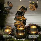 6-Tier Cascading Water Fountain, Resin Tree Root & Pot Outdoor Fountain with LED Lights & Quiet Pump, Freestanding Water Feature for Garden, Patio, Backyard Decor