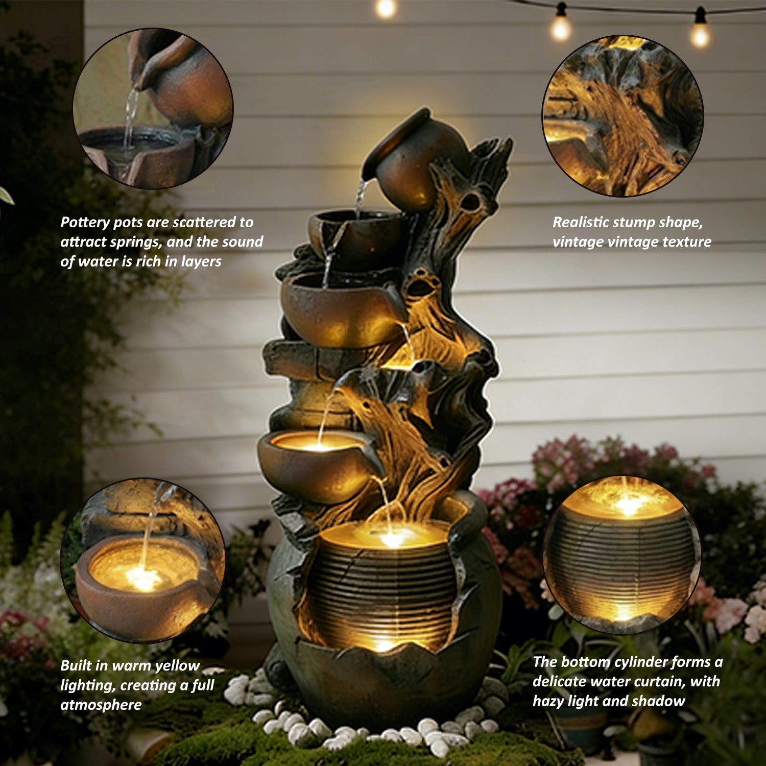 6-Tier Cascading Water Fountain, Resin Tree Root & Pot Outdoor Fountain with LED Lights & Quiet Pump, Freestanding Water Feature for Garden, Patio, Backyard Decor