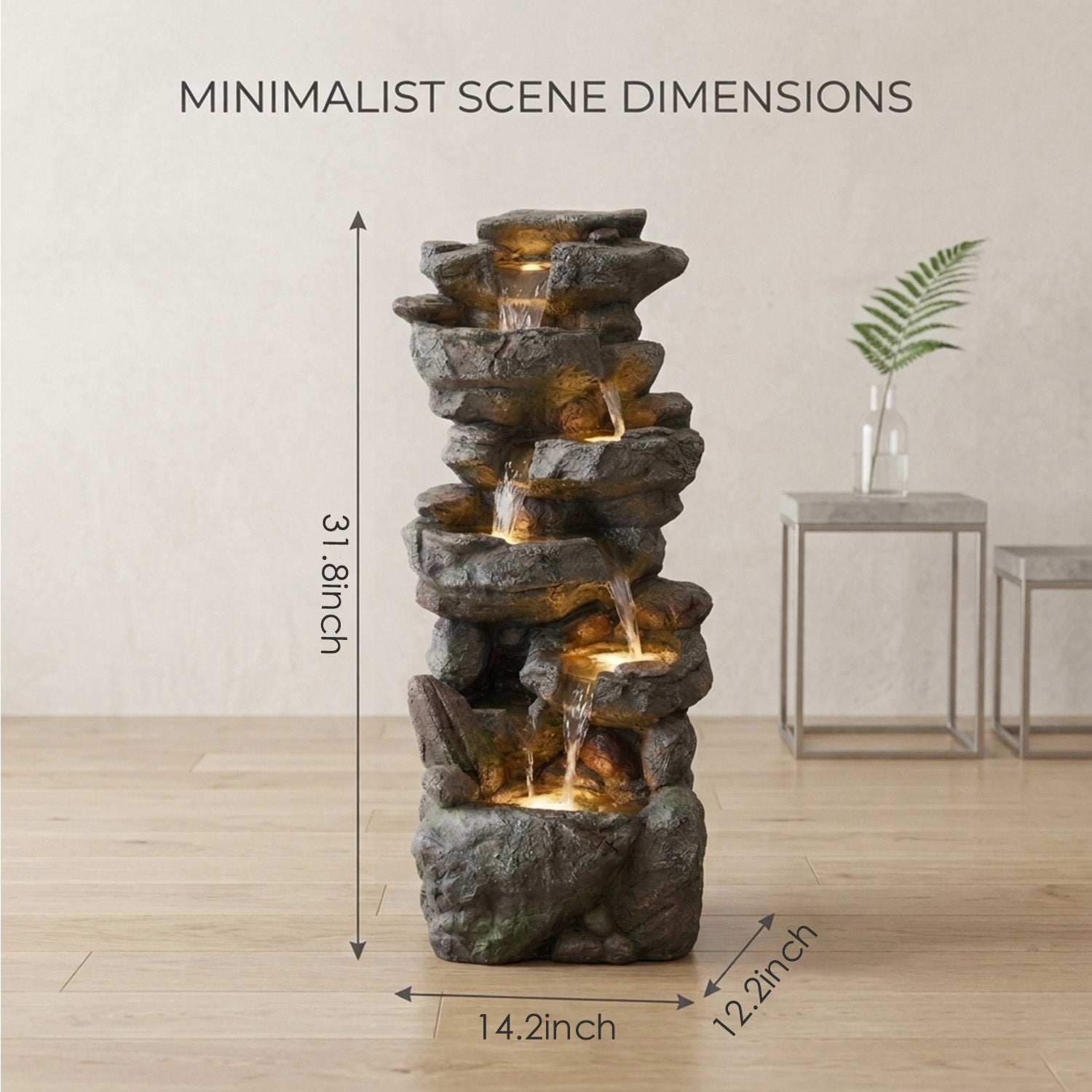 6-Tier Stacked Rock Cascading Water Fountain, Resin Natural Rockery Outdoor Fountain with LED Lights & Quiet Pump, Freestanding Water Feature for Garden Patio Backyard