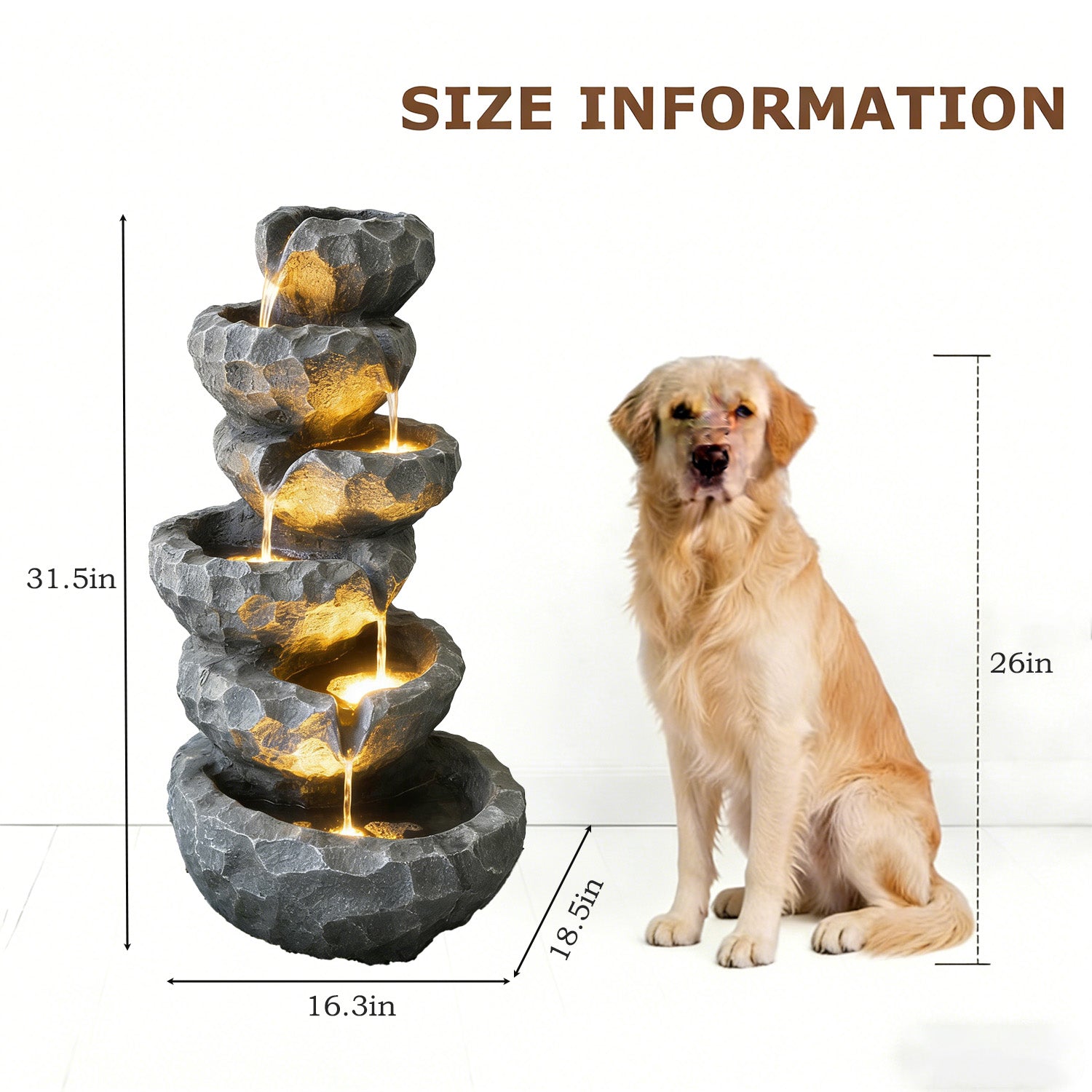 6-Tier Cascading Water Fountain with LED Lights, Outdoor Resin Rockery Fountain with Quiet Pump, Freestanding Water Feature for Garden, Patio, Balcony Decor