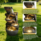 5-Tier Cascading Rock Bowl & Stacked Slate Water Fountain, Resin Outdoor Water Feature with LED Lights & Quiet Pump, Garden Patio Backyard Decor