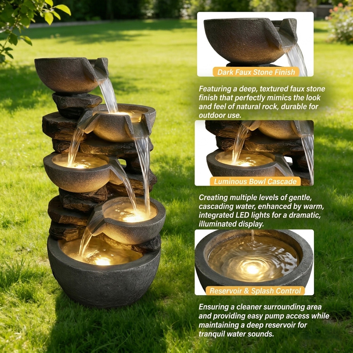 5-Tier Cascading Rock Bowl & Stacked Slate Water Fountain, Resin Outdoor Water Feature with LED Lights & Quiet Pump, Garden Patio Backyard Decor