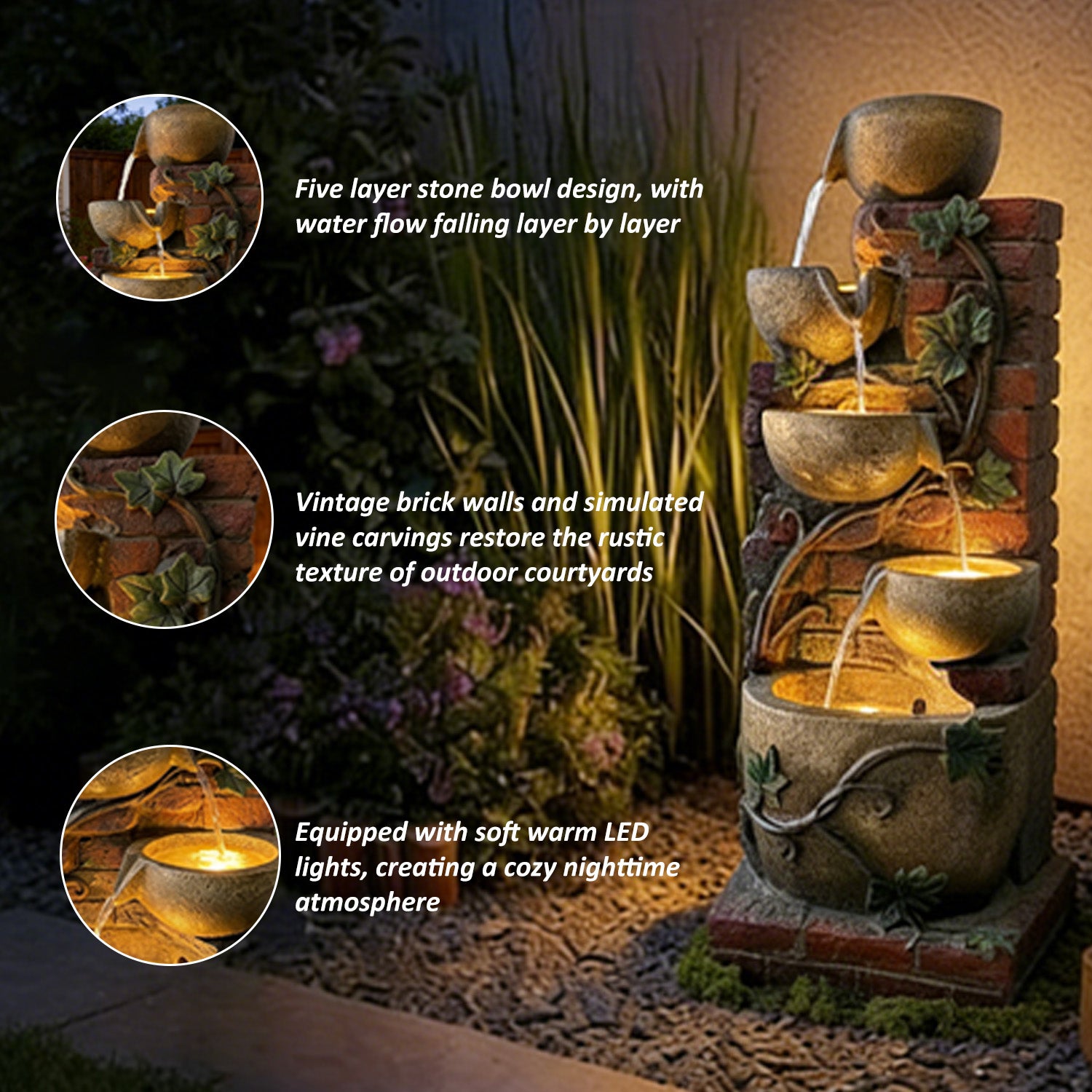 5-Tier Cascading Water Fountain, Resin Brick Wall & Ivy Pot Outdoor Water Feature with LED Lights & Quiet Pump, Garden Patio Backyard Decor, 39.37in H