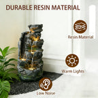 6-Tier Dual-Flow Cascading Rock Water Fountain, Resin Outdoor Waterfall Feature with LED Lights & Quiet Pump, Garden Patio Backyard Decor