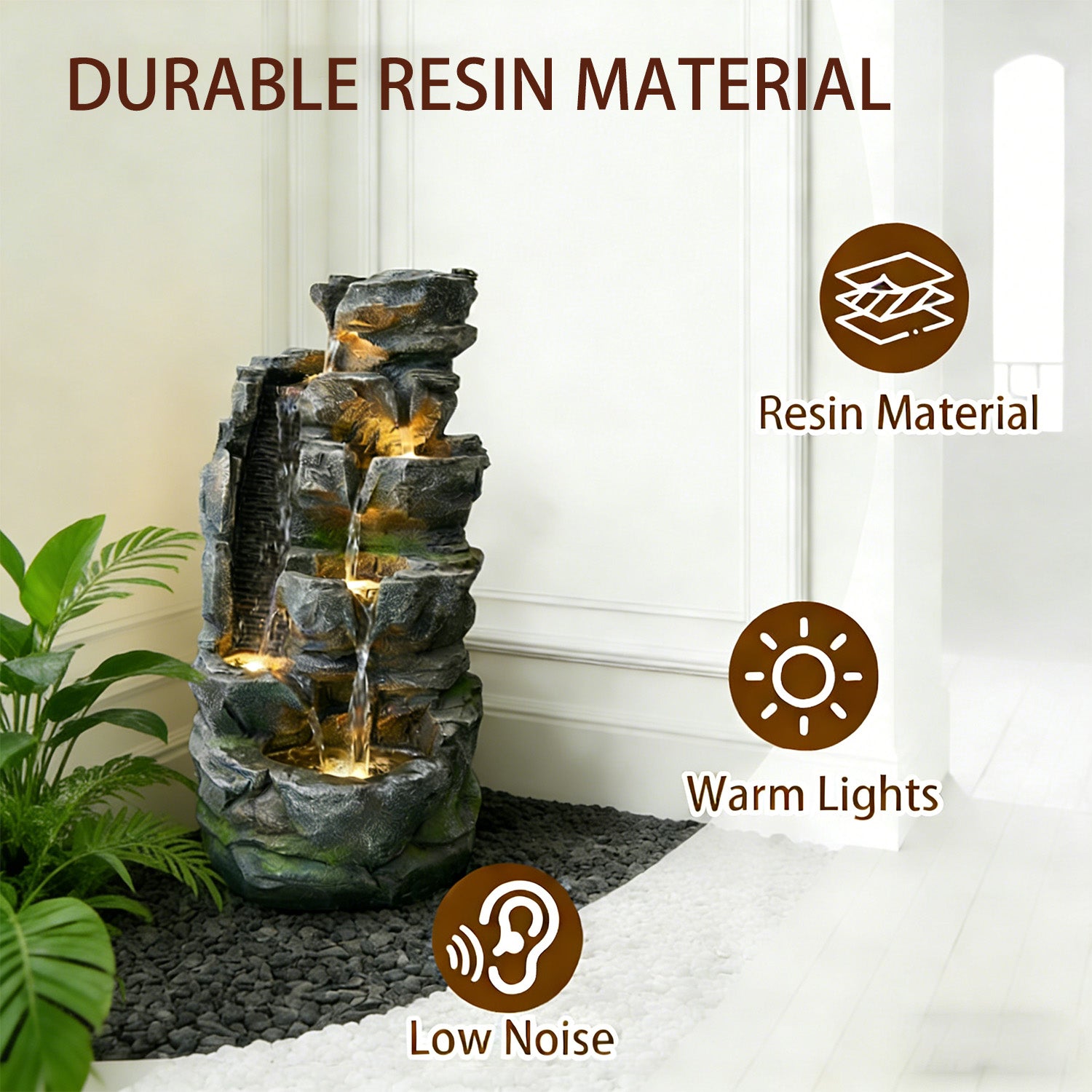 6-Tier Dual-Flow Cascading Rock Water Fountain, Resin Outdoor Waterfall Feature with LED Lights & Quiet Pump, Garden Patio Backyard Decor
