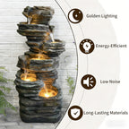 6-Tier Stratified Slate Rock Cascading Water Fountain, Resin Outdoor Water Feature with LED Lights & Quiet Pump, Garden Patio Backyard Decor