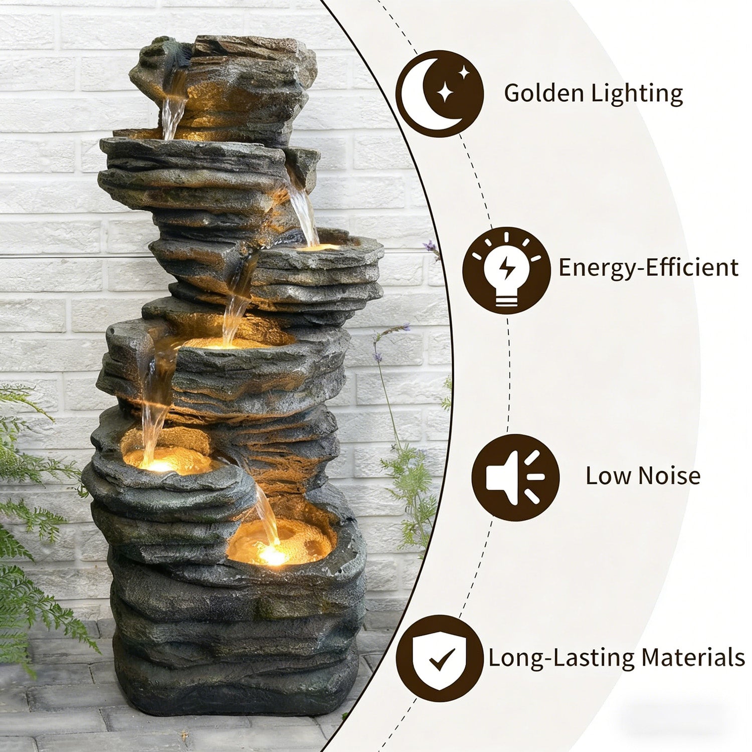 6-Tier Stratified Slate Rock Cascading Water Fountain, Resin Outdoor Water Feature with LED Lights & Quiet Pump, Garden Patio Backyard Decor