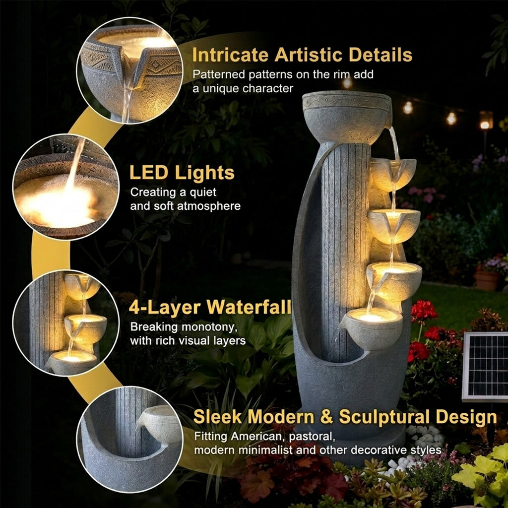 5-Tier Modern Curved Column Cascading Water Fountain, Resin Contemporary Outdoor Water Feature with LED Lights & Quiet Pump, Garden Patio Decor