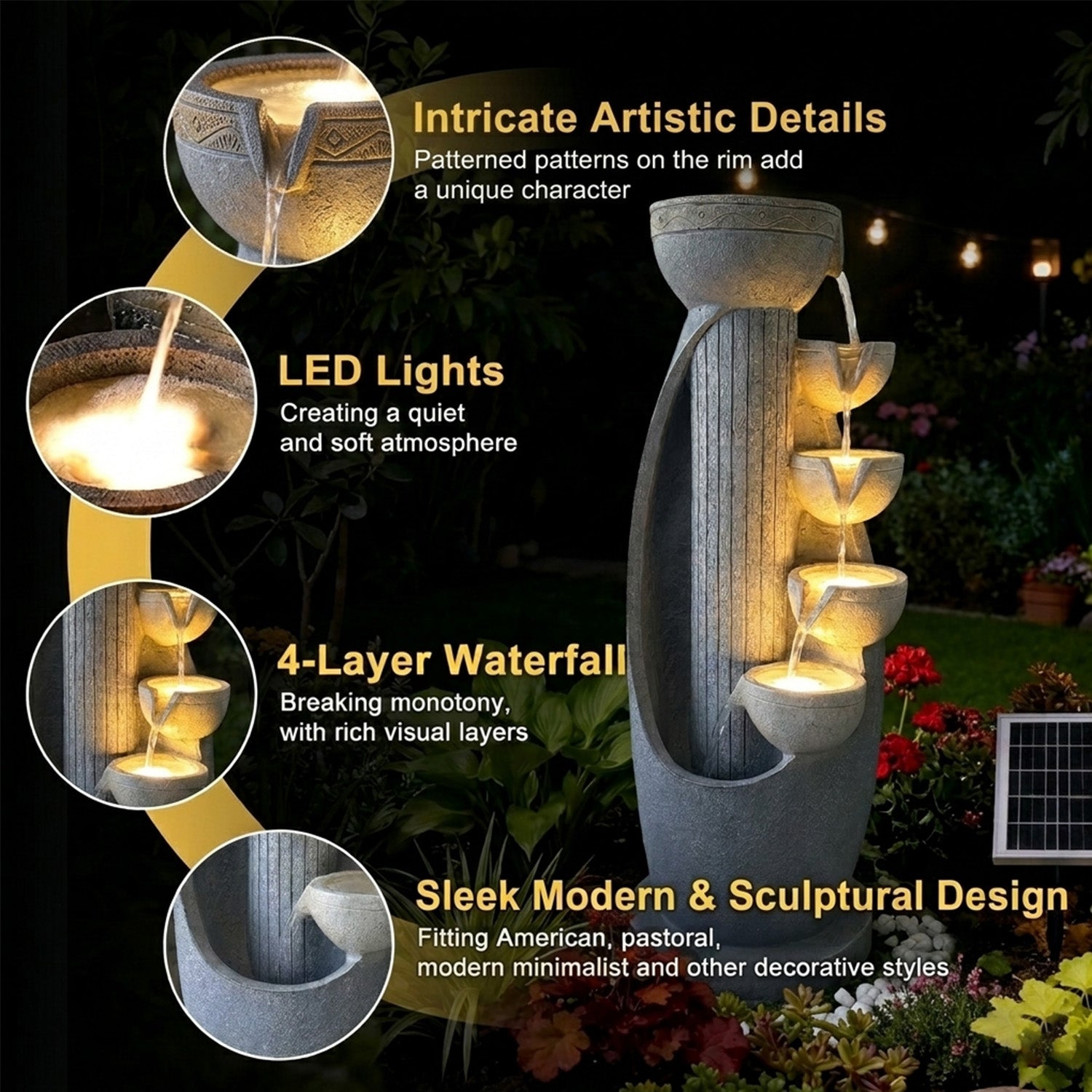 5-Tier Modern Curved Column Cascading Water Fountain, Resin Contemporary Outdoor Water Feature with LED Lights & Quiet Pump, Garden Patio Decor