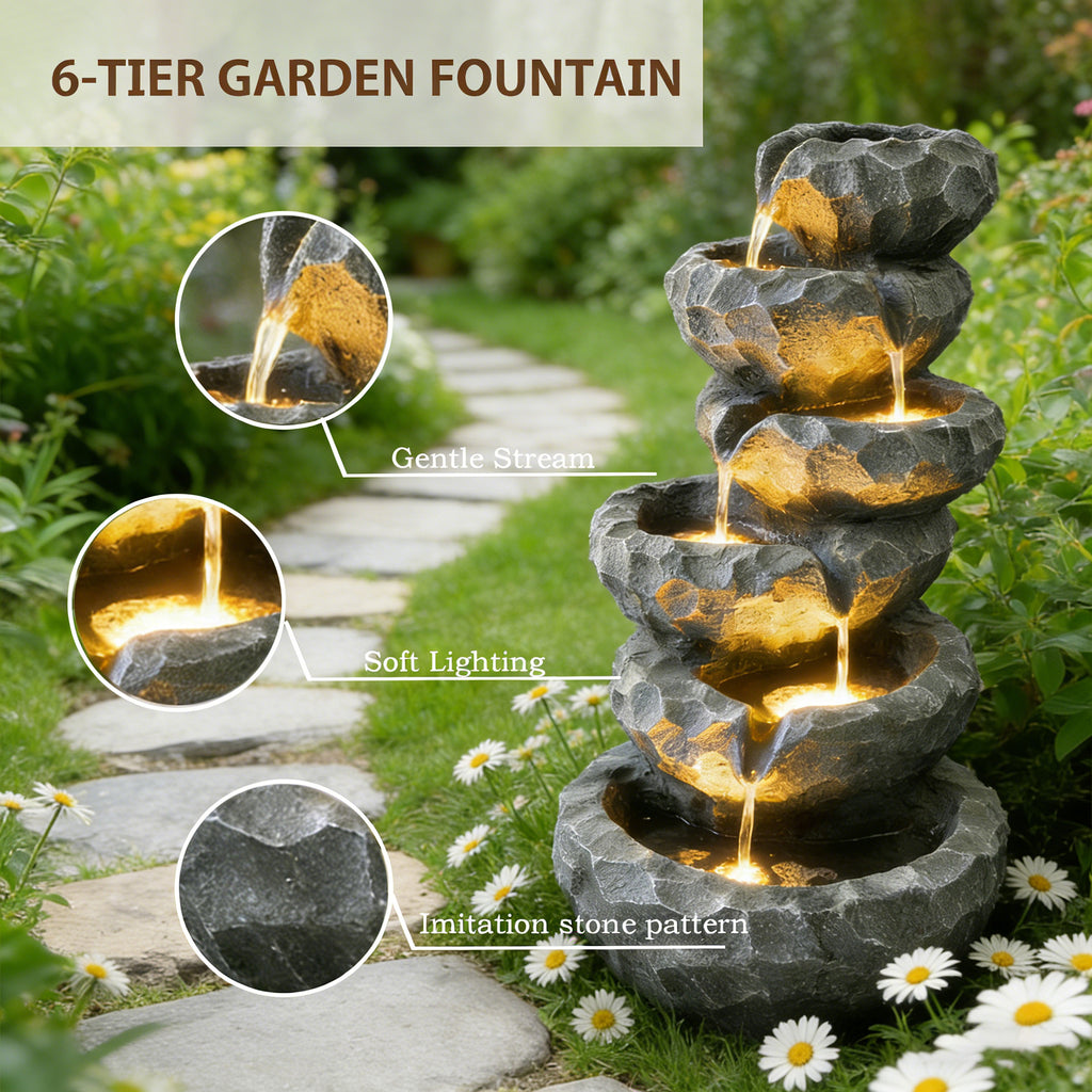 6-Tier Cascading Water Fountain with LED Lights, Outdoor Resin Rockery Fountain with Quiet Pump, Freestanding Water Feature for Garden, Patio, Balcony Decor