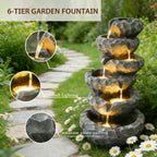 6-Tier Cascading Water Fountain with LED Lights, Outdoor Resin Rockery Fountain with Quiet Pump, Freestanding Water Feature for Garden, Patio, Balcony Decor