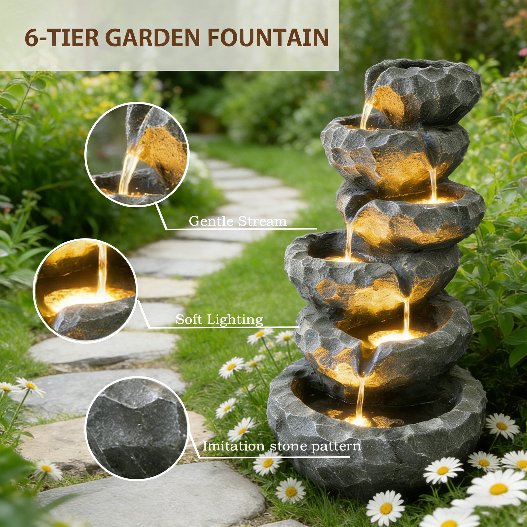 6-Tier Cascading Water Fountain with LED Lights, Outdoor Resin Rockery Fountain with Quiet Pump, Freestanding Water Feature for Garden, Patio, Balcony Decor