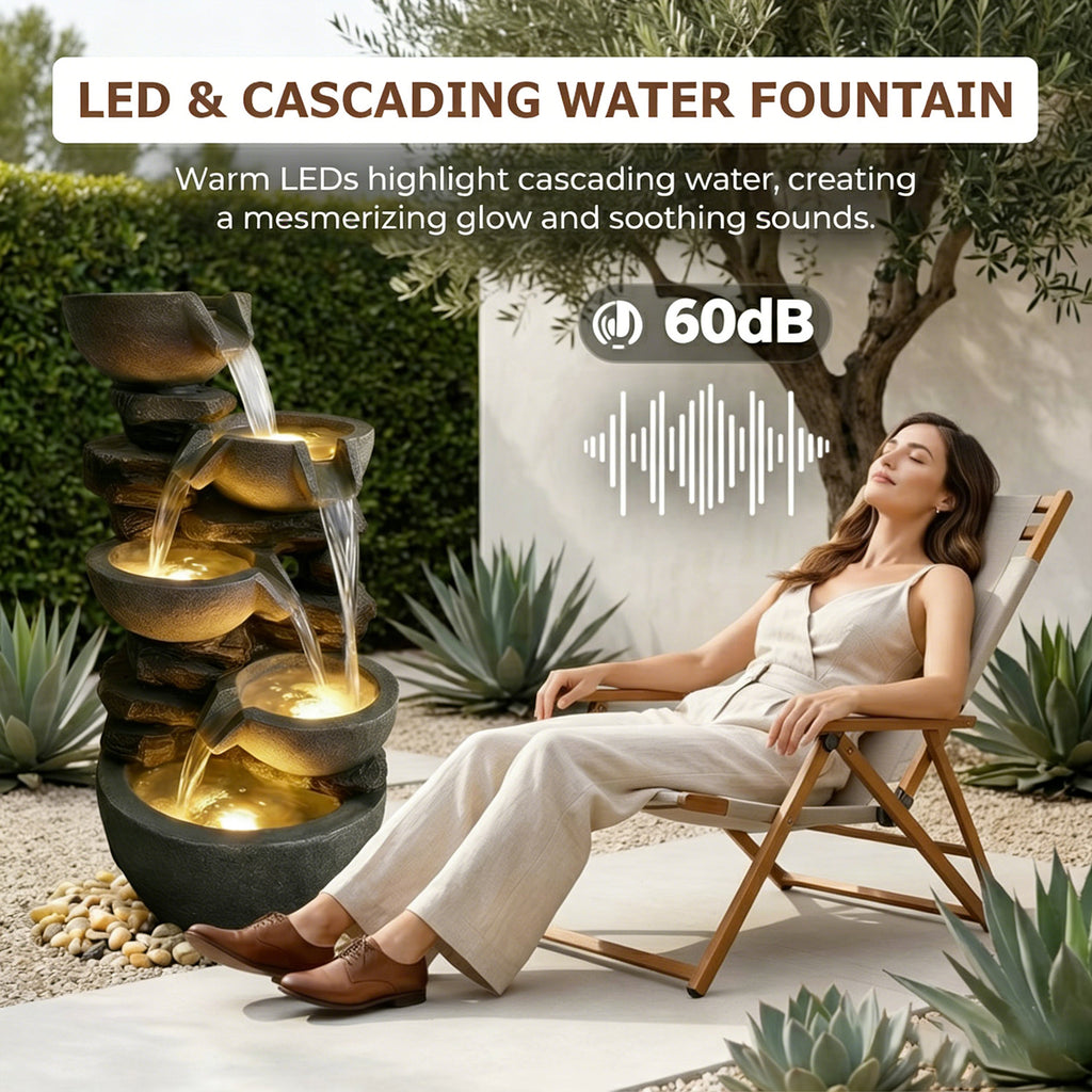 5-Tier Cascading Rock Bowl & Stacked Slate Water Fountain, Resin Outdoor Water Feature with LED Lights & Quiet Pump, Garden Patio Backyard Decor