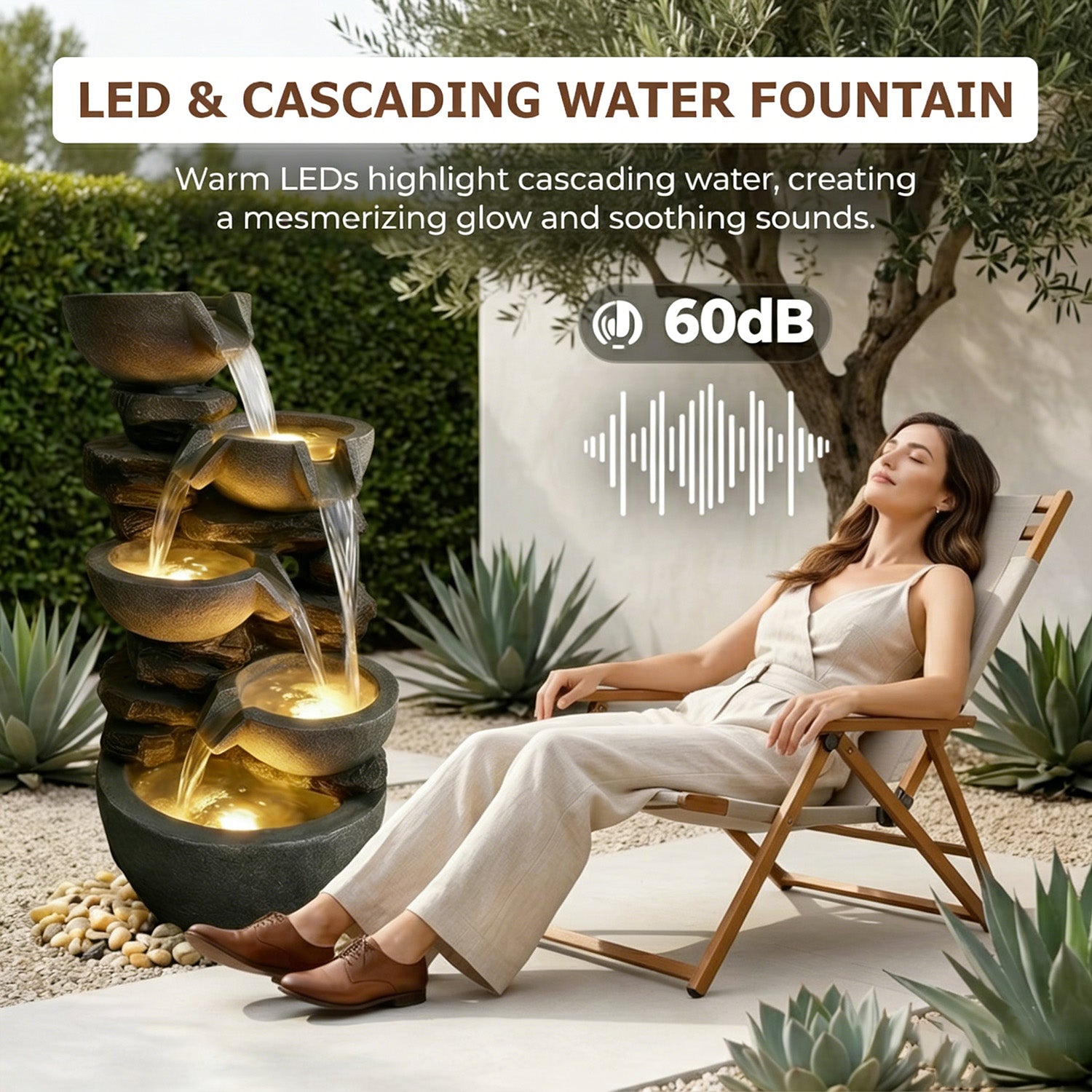 5-Tier Cascading Rock Bowl & Stacked Slate Water Fountain, Resin Outdoor Water Feature with LED Lights & Quiet Pump, Garden Patio Backyard Decor