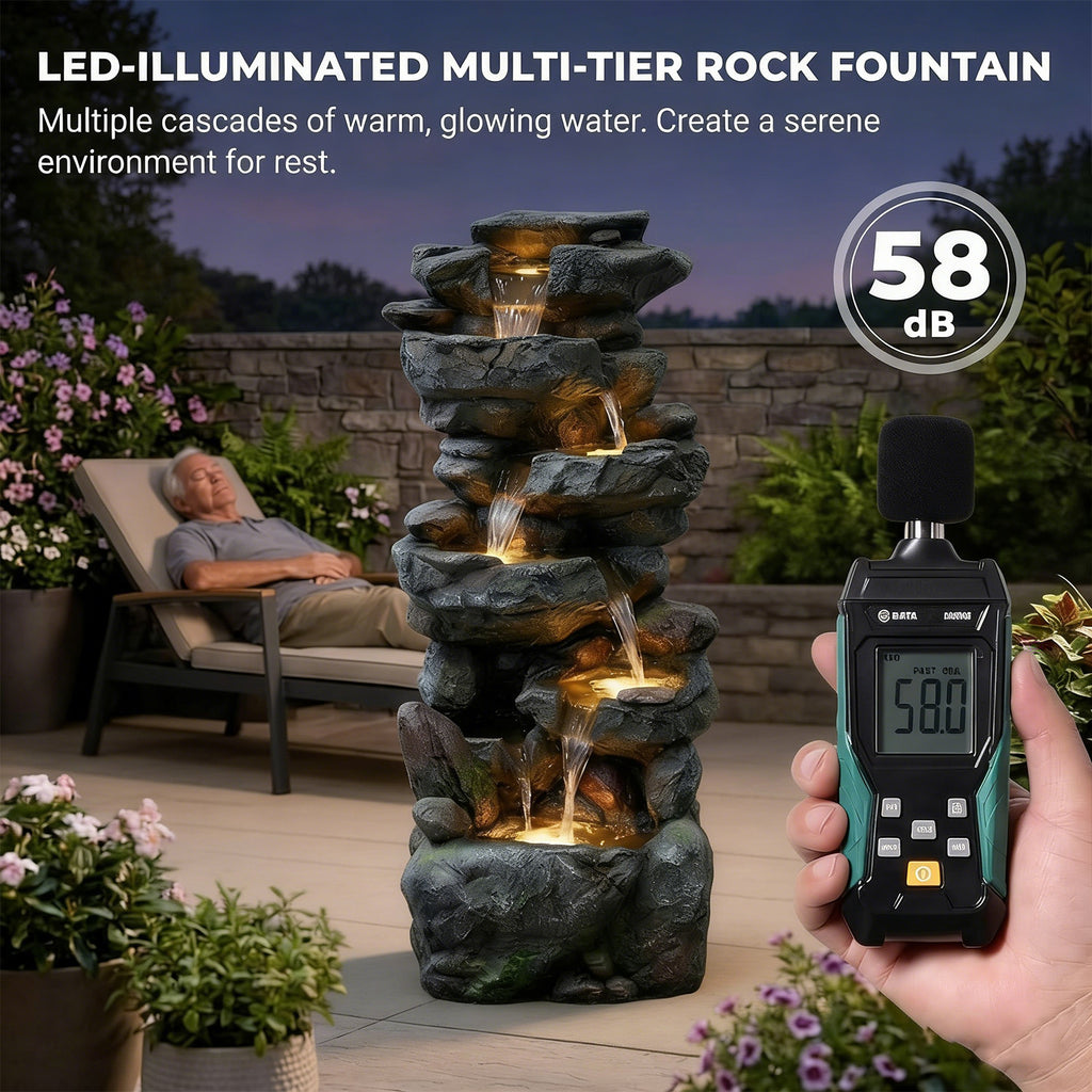 6-Tier Stacked Rock Cascading Water Fountain, Resin Natural Rockery Outdoor Fountain with LED Lights & Quiet Pump, Freestanding Water Feature for Garden Patio Backyard