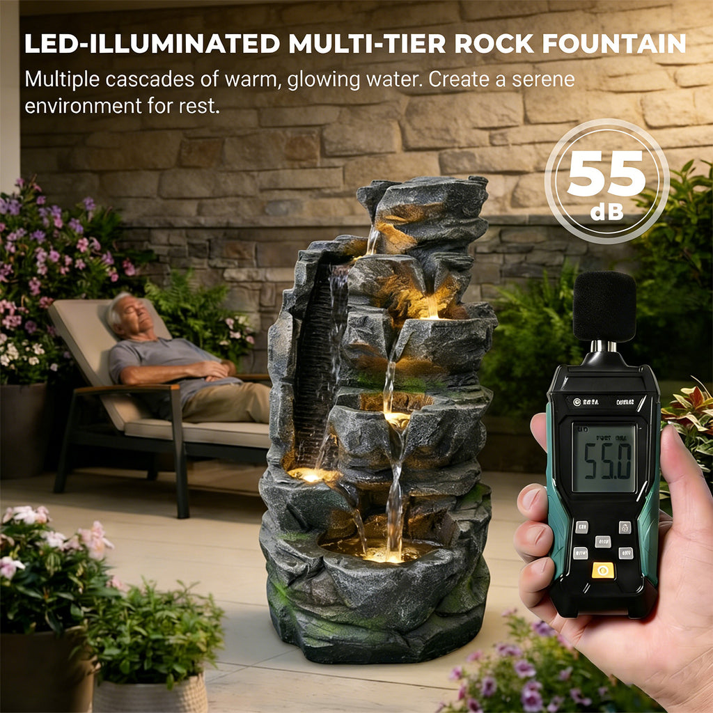 6-Tier Dual-Flow Cascading Rock Water Fountain, Resin Outdoor Waterfall Feature with LED Lights & Quiet Pump, Garden Patio Backyard Decor