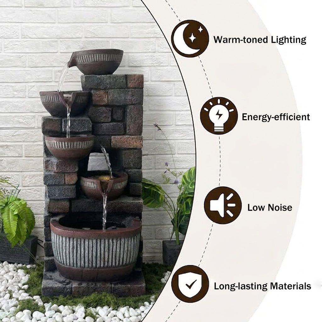 5-Tier Cascading Water Fountain, Resin Stacked Stone Column & Textured Pot Outdoor Water Feature with LED Lights & Quiet Pump, Garden Patio Decor