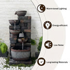 5-Tier Cascading Water Fountain, Resin Stacked Stone Column & Textured Pot Outdoor Water Feature with LED Lights & Quiet Pump, Garden Patio Decor