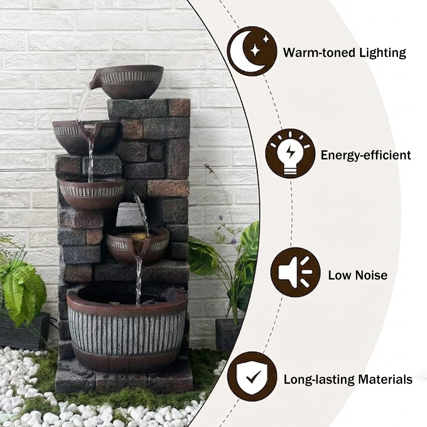 5-Tier Cascading Water Fountain, Resin Stacked Stone Column & Textured Pot Outdoor Water Feature with LED Lights & Quiet Pump, Garden Patio Decor