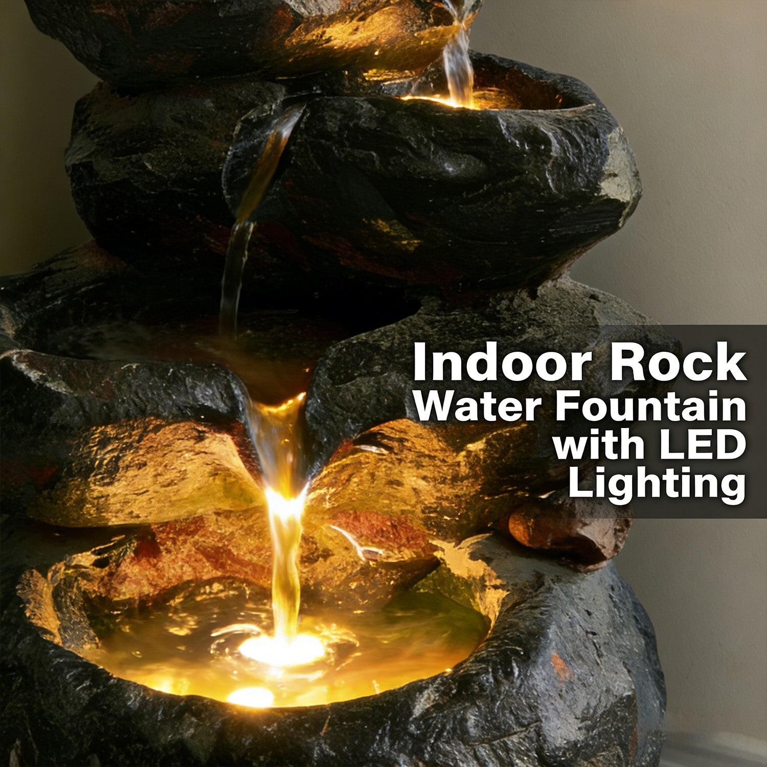 6-Tier Rounded Stacked Boulder Cascading Water Fountain, Resin Outdoor Rock Water Feature with LED Lights & Quiet Pump, Garden Patio Backyard Decor
